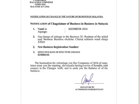 Notification of Change in the Nature of Business in Malaysia