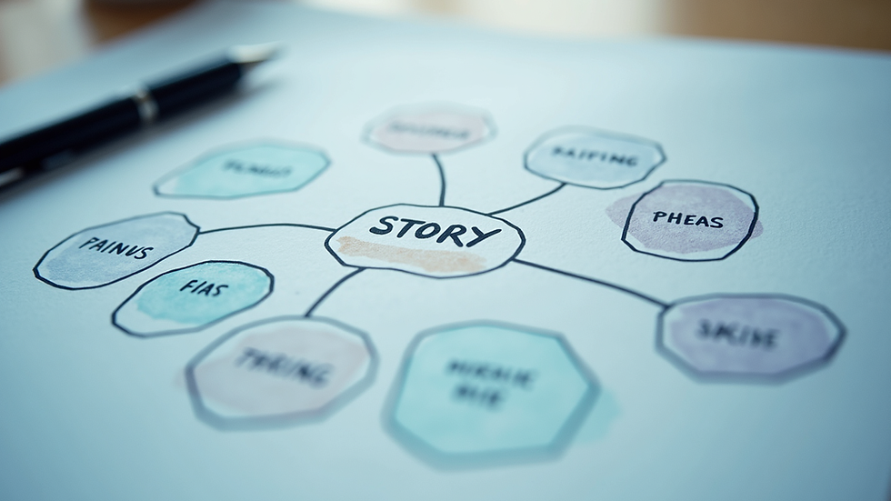 Close-up of a digital mind map showing interconnected story elements