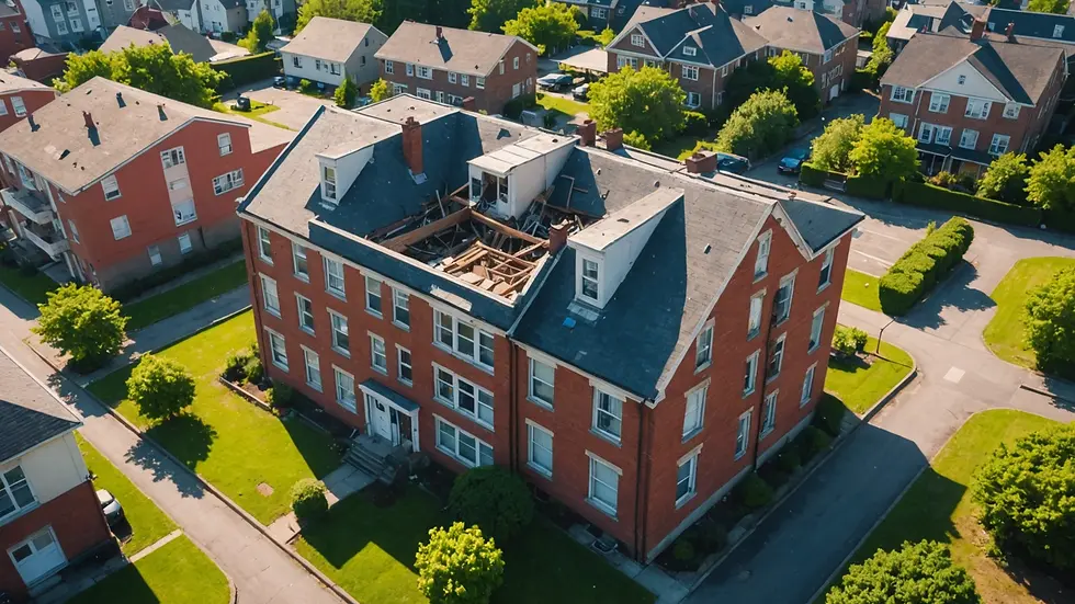 High angle view of a residential structure marked for demolition