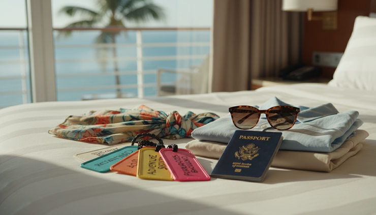 Close-up view of colorful luggage tags beside sunglasses and a passport on a bed.
