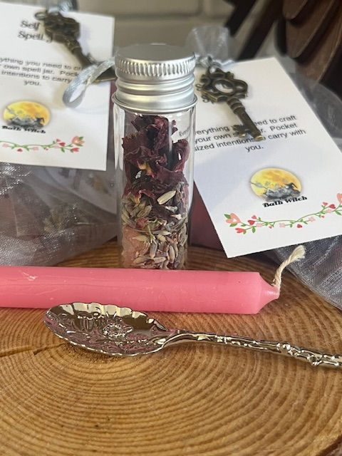 Thumbnail: Self love spell jar craft kit with lavender buds, rose petals, Himalayan pink salt, candle and glass bottle