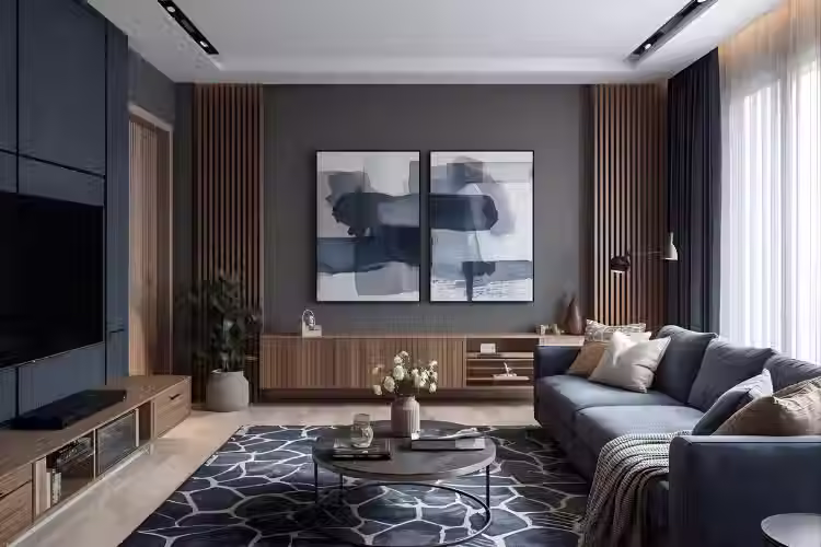 A modern living room in navy blue