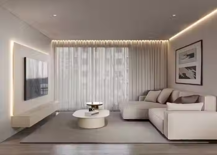 An hdb living room with floating tv cabinet and l-shape sofa