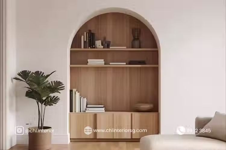 A modern BTO arched display cabinet in Singapore living room