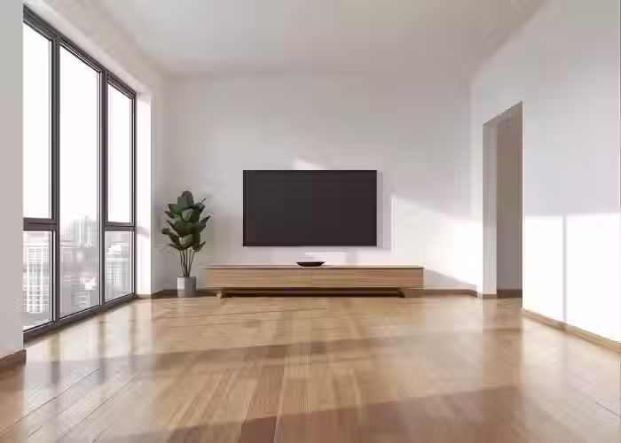 A bare apartment with TV and shelf