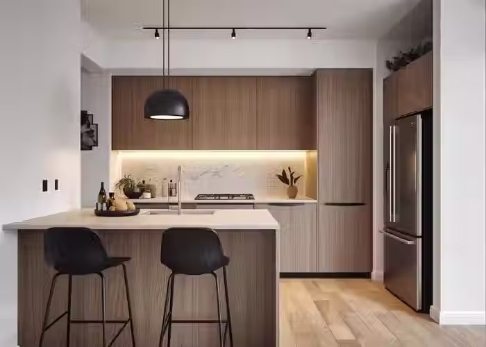 A kitchen wood flooring and wood cabinetry
