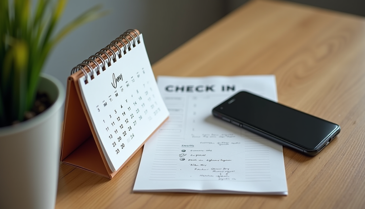High angle view of a calendar and phone on a table, symbolizing scheduling daily check-ins