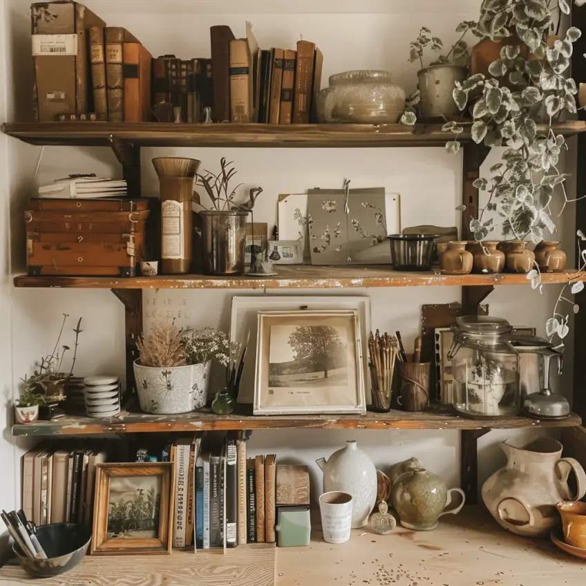 A personalized workspace or shelf featuring unique items that tell a story, such as a handcrafted pottery piece, a vintage family photo, and a travel souvenir.