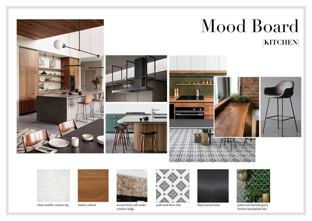 Kitchen design mood board with marble countertops and wooden cabinets.