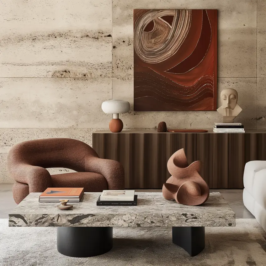 cosy living room, lounge chair, sofa, natural stone top coffee table, travertine wall panel, console table