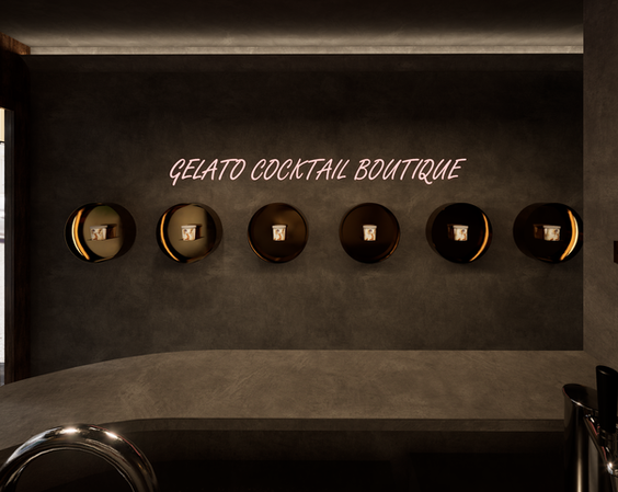 A detailed snapshot of High Bar Society's gelato selection, presented in designer-crafted illuminated alcoves, capturing the essence of an exclusive flavor gallery in Singapore.