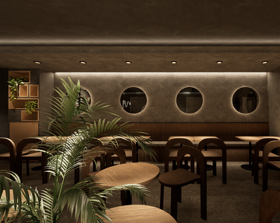 A carefully composed section of High Bar Society that showcases the designer's intent to blend greenery with the modern decor, enhancing the natural appeal of the dining space.