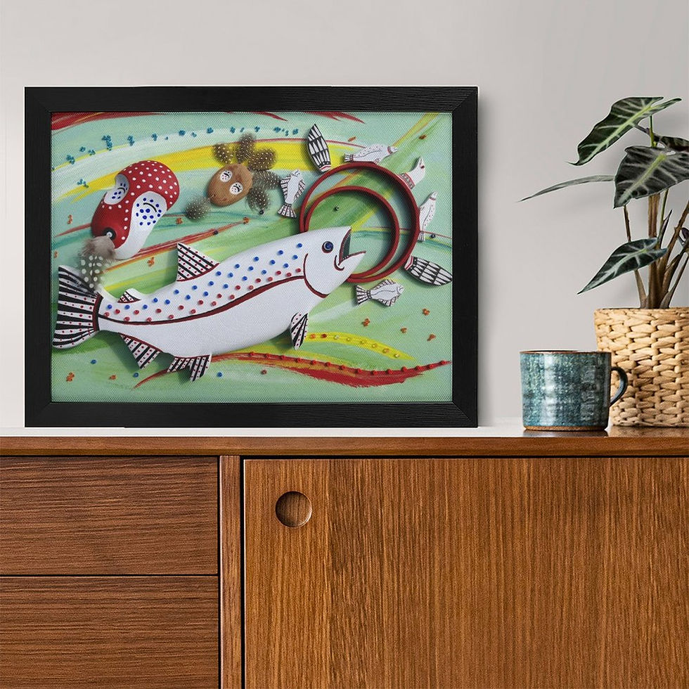 Thumbnail: Salmon Fest Framed Canvas Print 16"x12" (Black Frame)