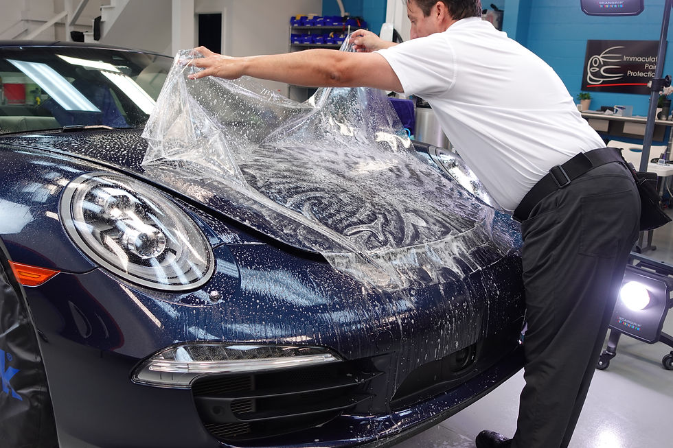 Paint protection film also know as clear bra is installed wet with a soap and water solution.