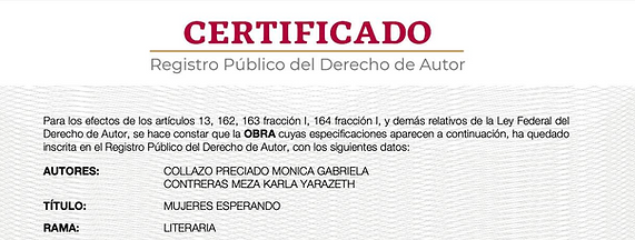 Certificado INDAUTOR de Mujeres Esperando