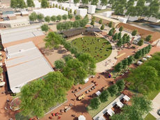 Aerial rendering of Frisco’s Rail District redevelopment featuring the new 4th Street Plaza with a central lawn, shaded seating areas, trees, and nearby storefronts.