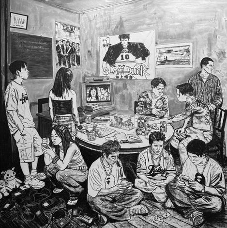 24 SEVEN
2026
Charcoal on linen
180 x 180 cm

Reimagining Chua Mia Tee’s National Language Class (1959), Wong replaces the diligent optimism of nation-building with the sleepless drift of the "24/7" era.

The blackboard’s original questions—Siapa nama kamu? (What is your name?) and Di mana awak tinggal? (Where do you live?)—now resonate with irony. Here, the search for identity is drowned out by the noise of sanctuary: TV dramas, beer, and Nokia phones. Whether escaping fractured homes or the stifling expectations of a "perfect" family, these figures turn to the group for the protection and belonging missing from their daily lives. The work captures the static left behind by Singapore's speed, where the collective hunger of the past has dissolved into a fragmented struggle for survival.
