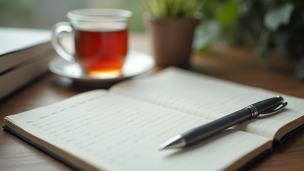 Close-up view of a notebook and pen on a desk with a cup of herbal tea