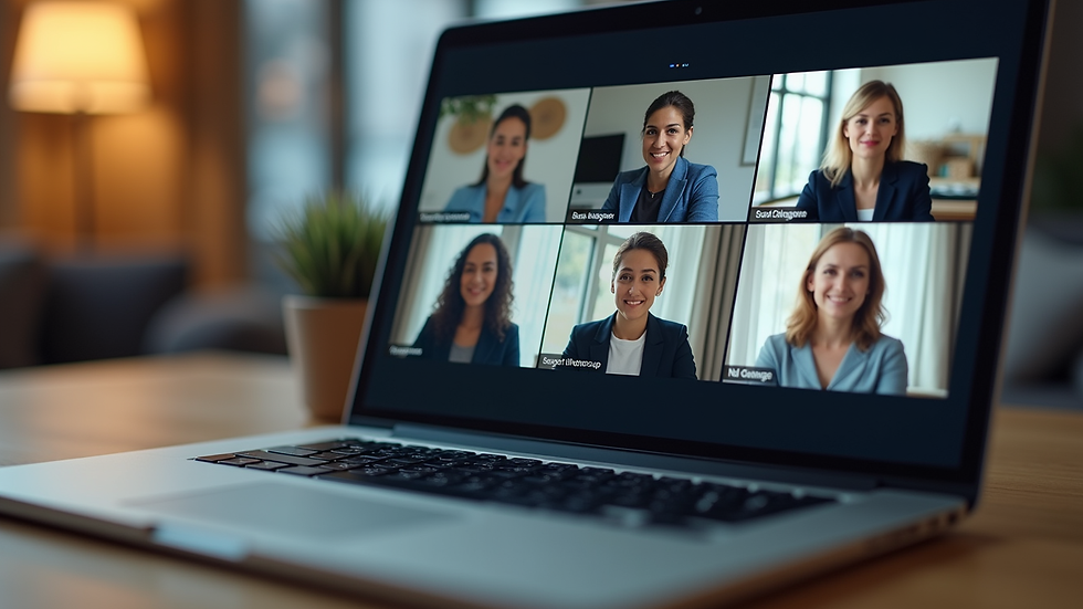 Eye-level view of a laptop screen showing a virtual support group meeting