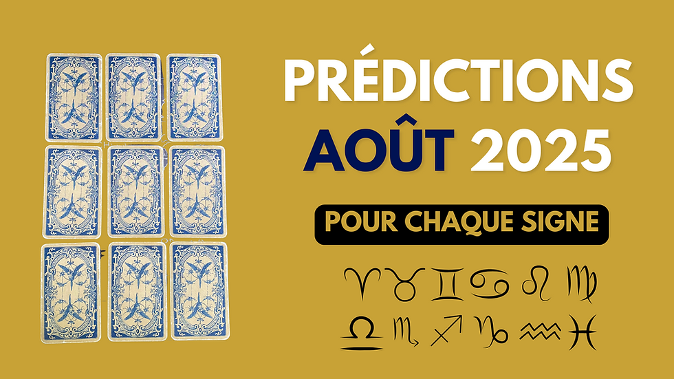 Cartes Lenormand bleues sur fond jaune. Texte: "PRÉDICTIONS JUIN 2025 POUR CHAQUE SIGNE" avec symboles astrologiques.