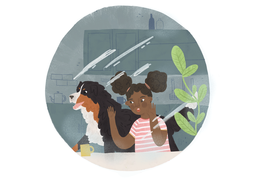 Gif of girl looking out the window with her dog and plant.