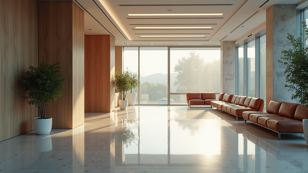 Eye-level view of a modern office lobby with polished floors and clean seating areas