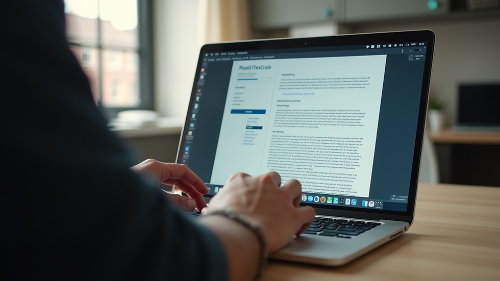Eye-level view of a person working on a laptop with a resume on screen
