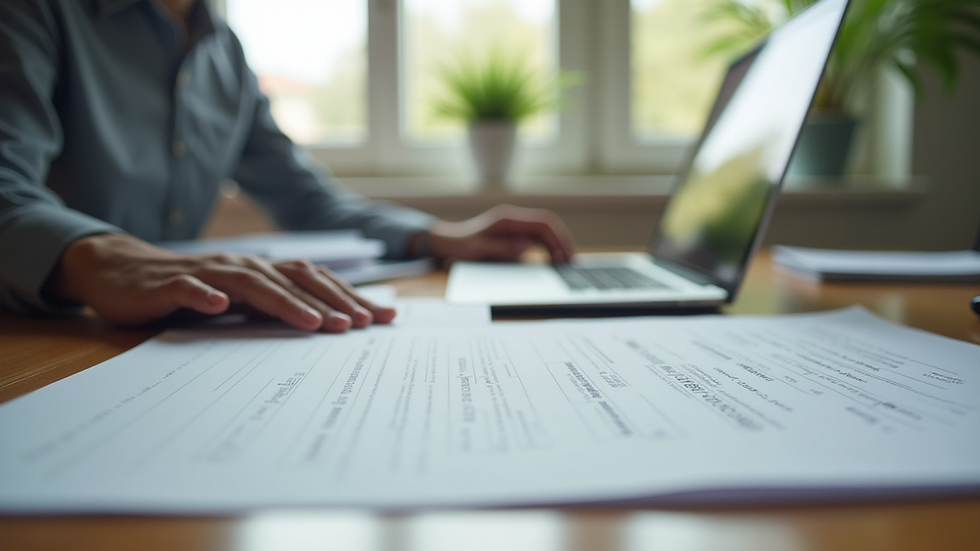 Eye-level view of a neat desk with a laptop and organized job application documents