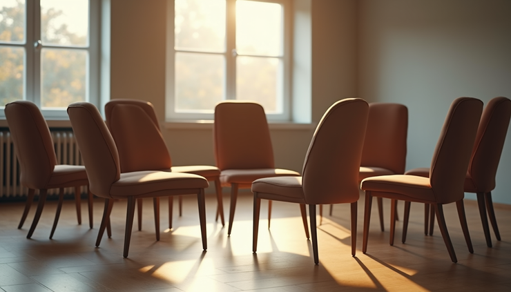 Close-up view of a circle of chairs in a community room prepared for a recovery support group meeting