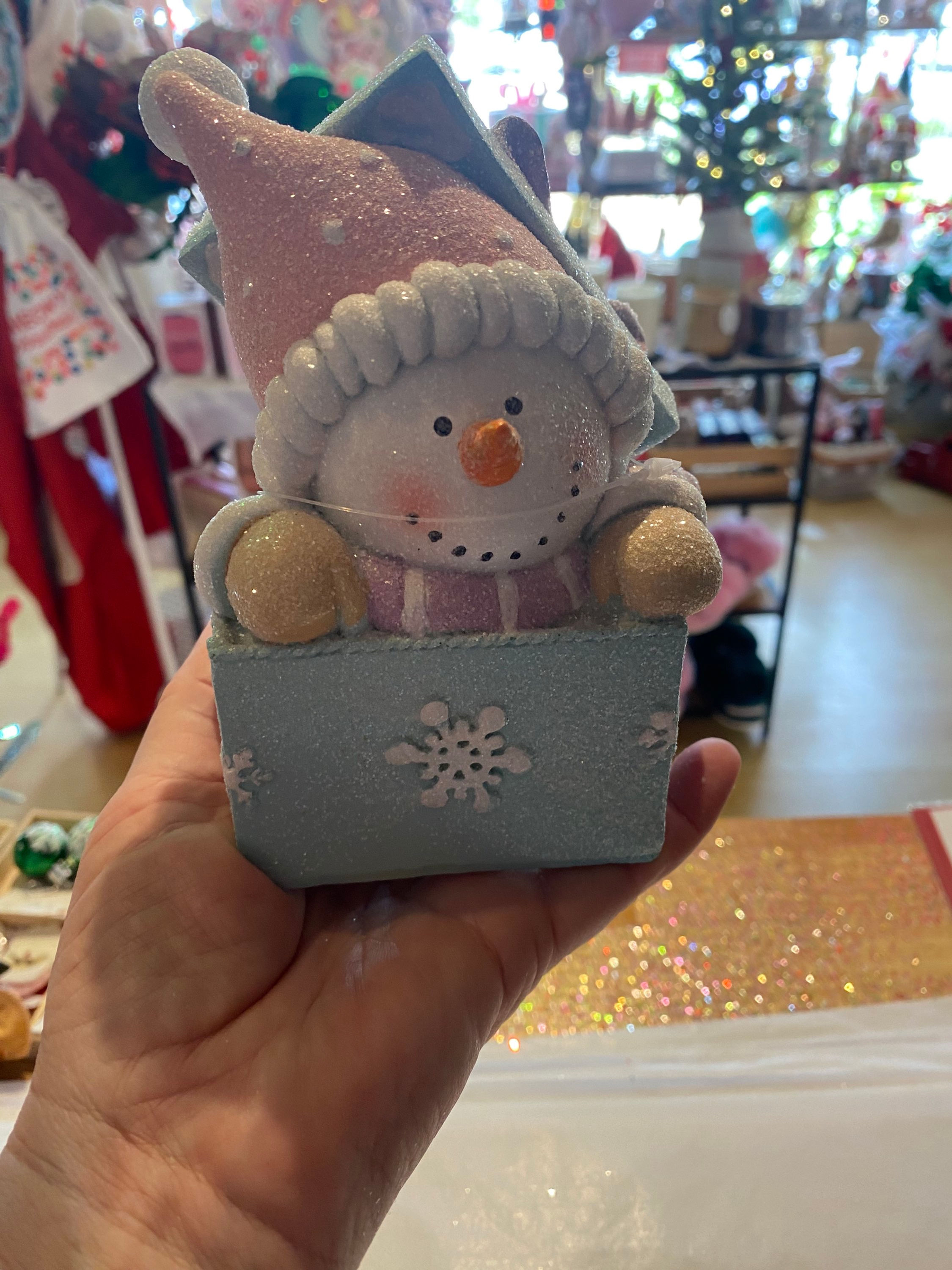 Pastel blue and pink, gorgeous Snowman in a box