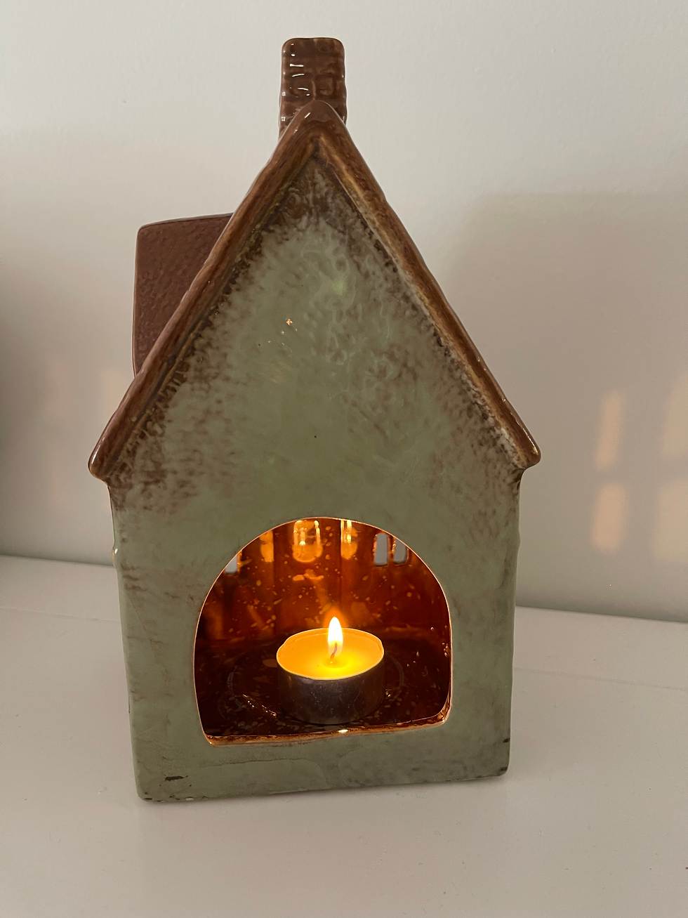 Thumbnail: Stoneware Village Tealight House, Large Green House with Christmas Wreath 
