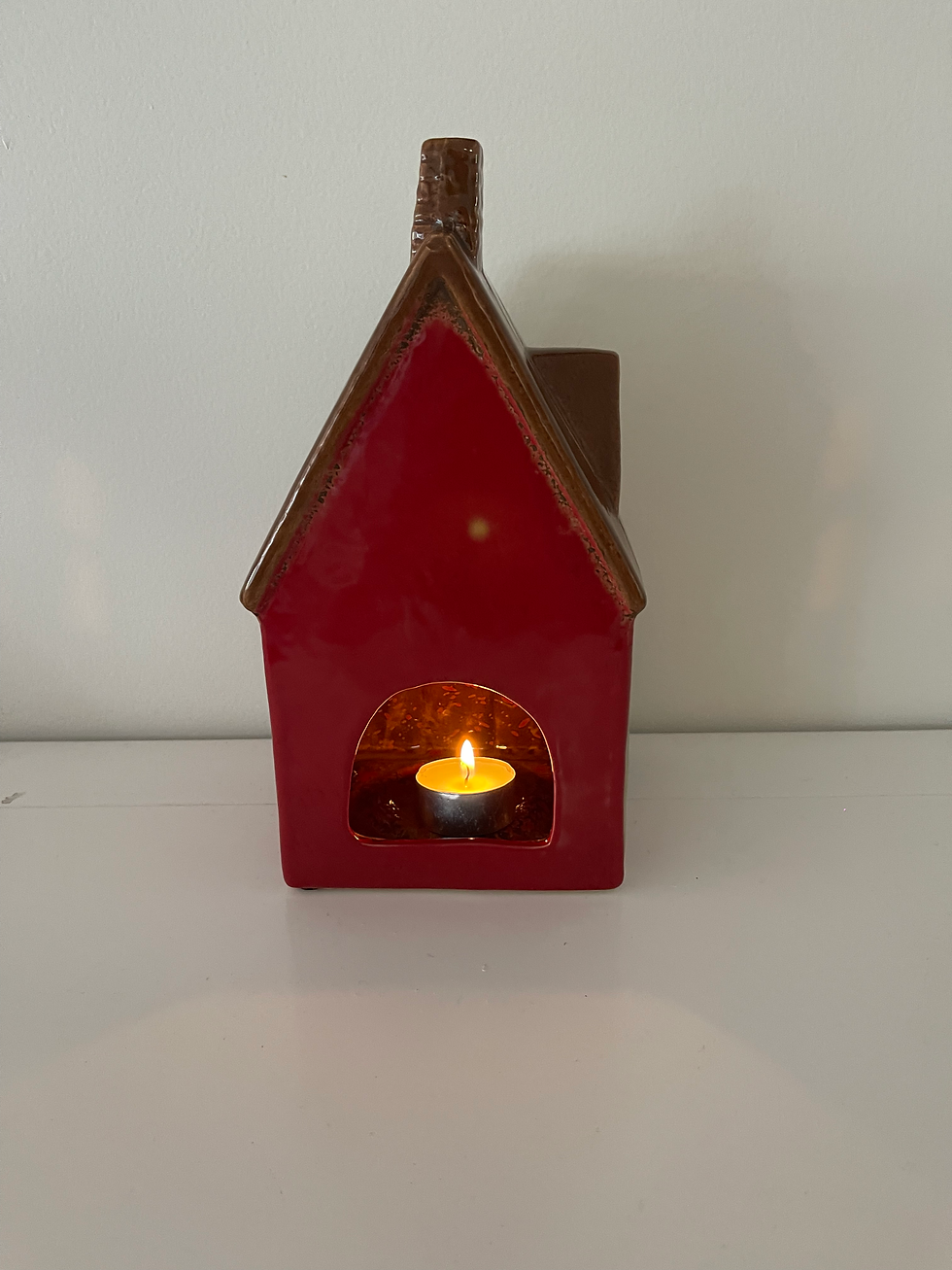 Thumbnail: Stoneware Village Tea Light Large Red house with Wreath and corner Tree