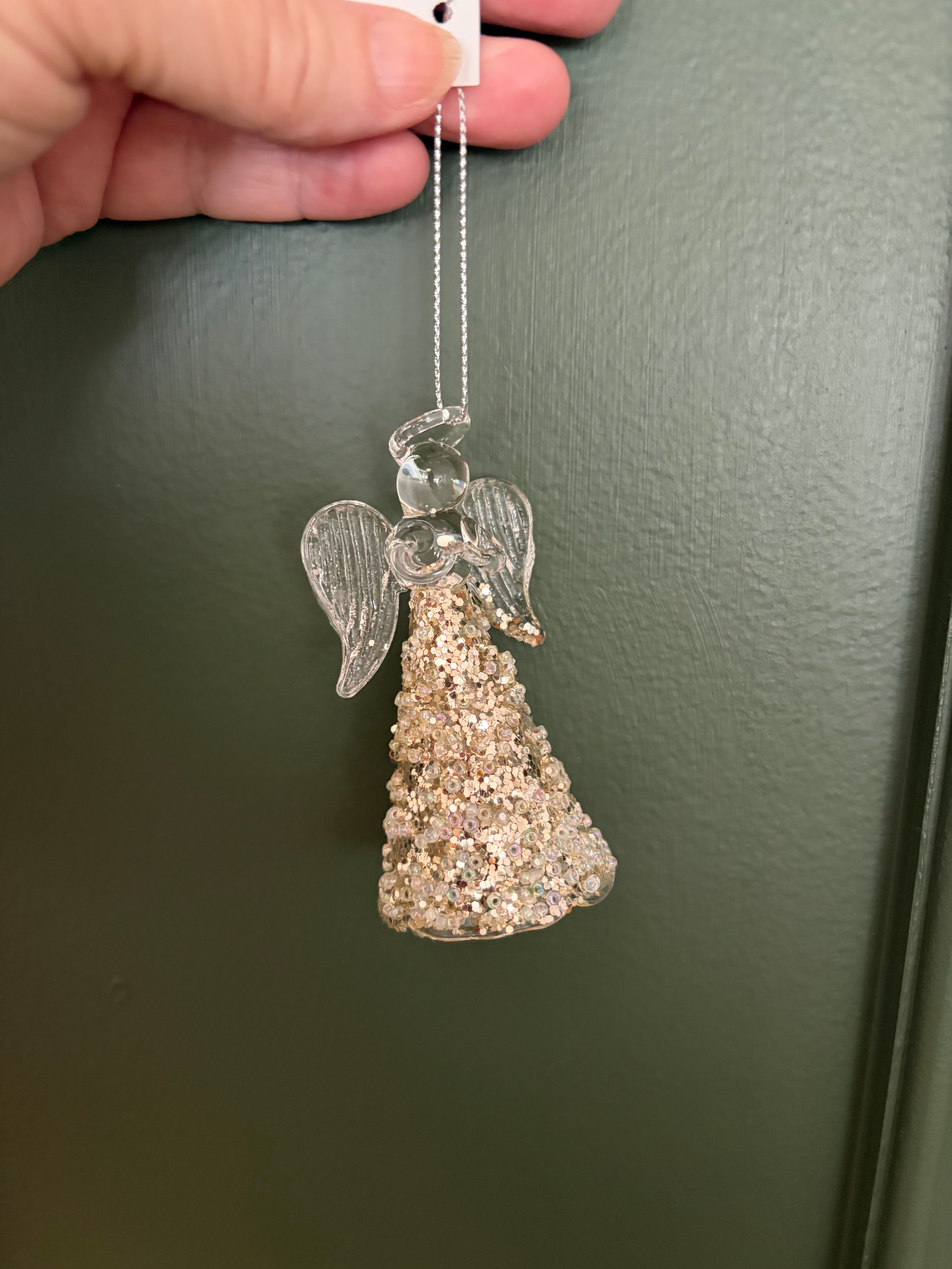 Blown Glass Angel with gold sparkle skirt, Tree Hanging Decoration 