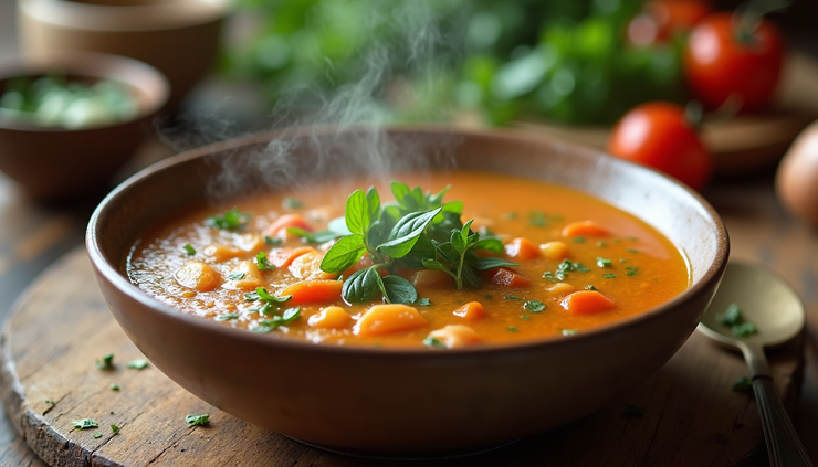 Close-up view of a steaming bowl of vegetable soup with fresh herbs on a rustic wooden table