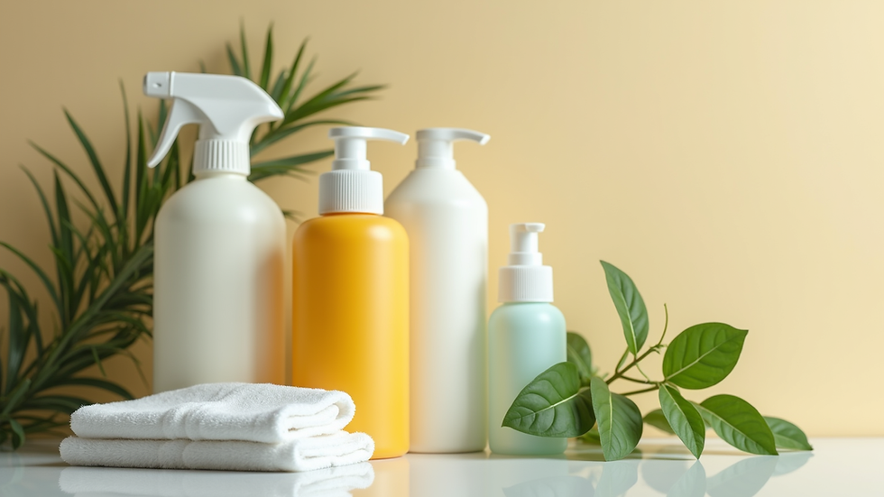 Close-up view of eco-friendly cleaning products arranged neatly