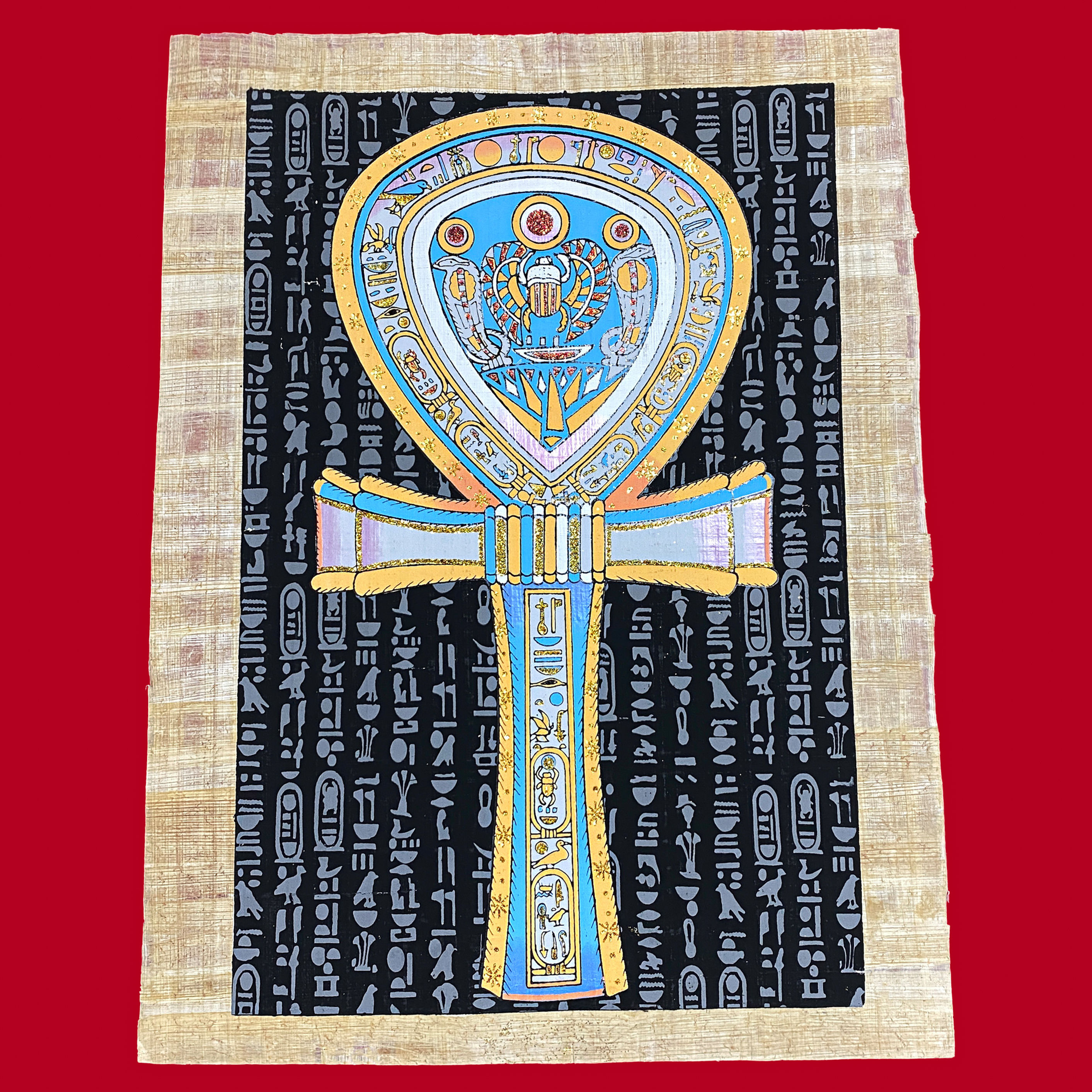 The Sacred Ankh Egyptian Glowing Papyrus  Painting