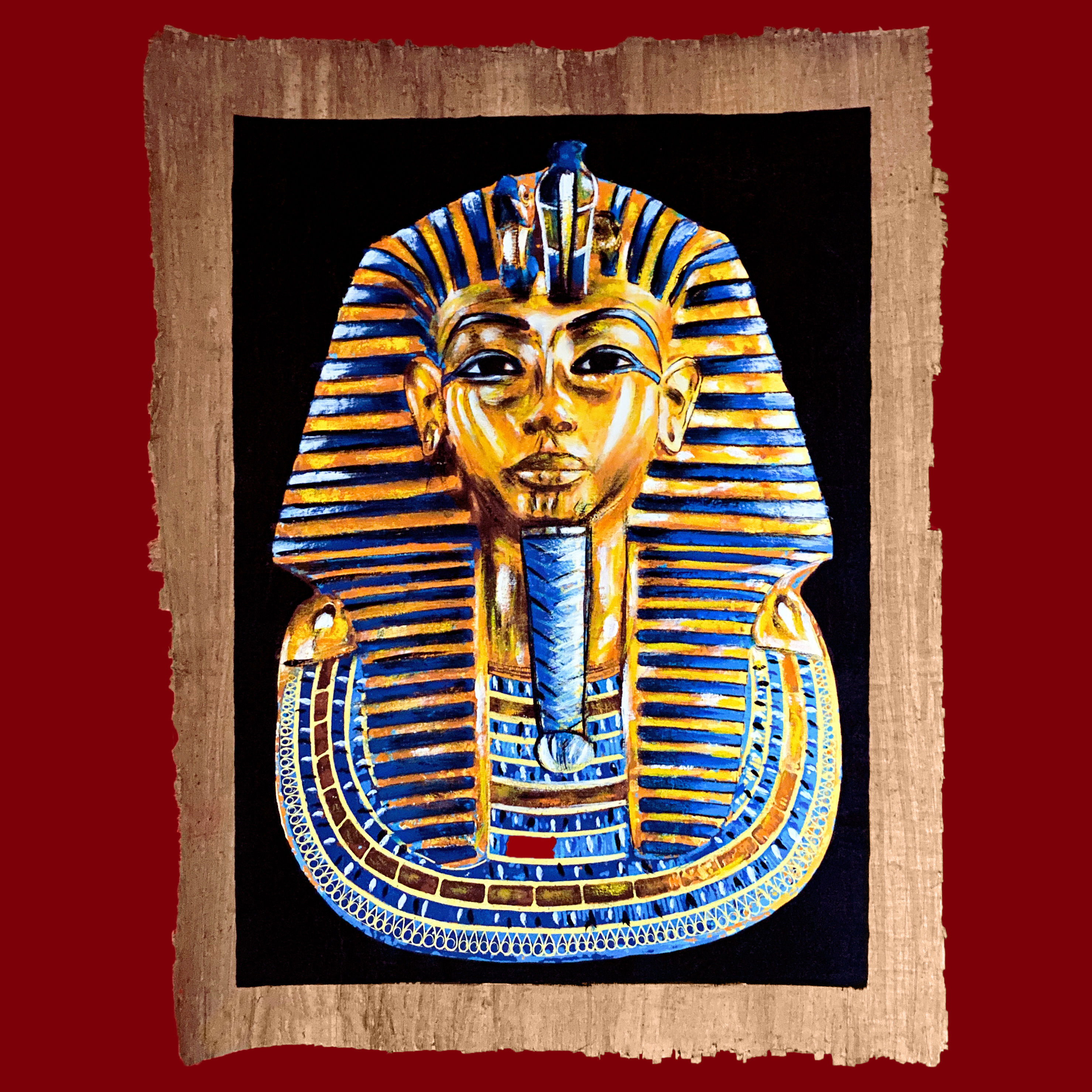 Lavish Egyptian Papyrus Painting of Pharaoh Tutankhamun