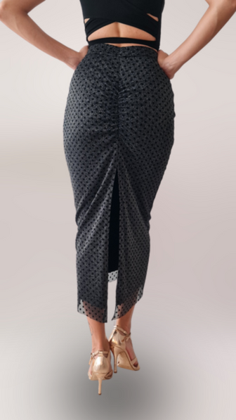 Thumbnail: Norma Dark Grey Ruched Skirt with Black Dots