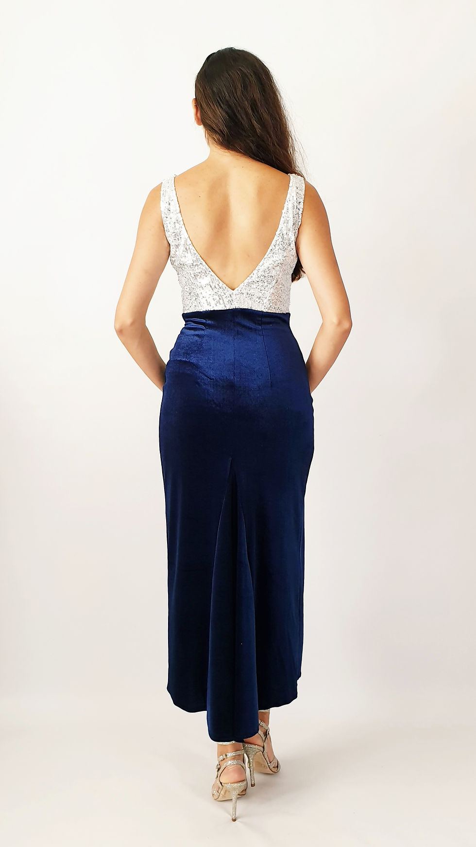 Thumbnail: Noelia - Navy Blue Velvet with Silver Sequin Tango Show Dress