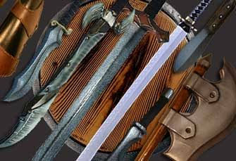 Collection of LARP foam fantasy swords and a battle axe on a wooden shield.