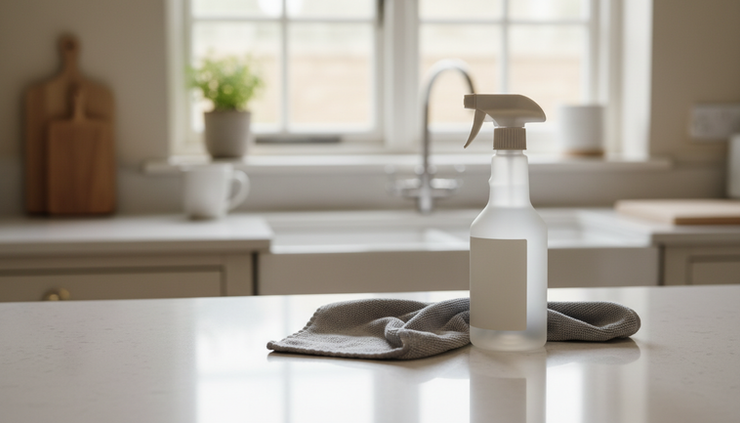 Close-up view of a clean kitchen worktop with a cloth, spray bottle, and fresh morning light