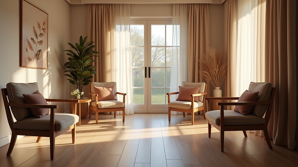 Eye-level view of a cozy therapy room with chairs arranged in a circle