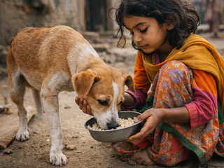 片足の野良ワンコに餌をあげる優しいインドの少女