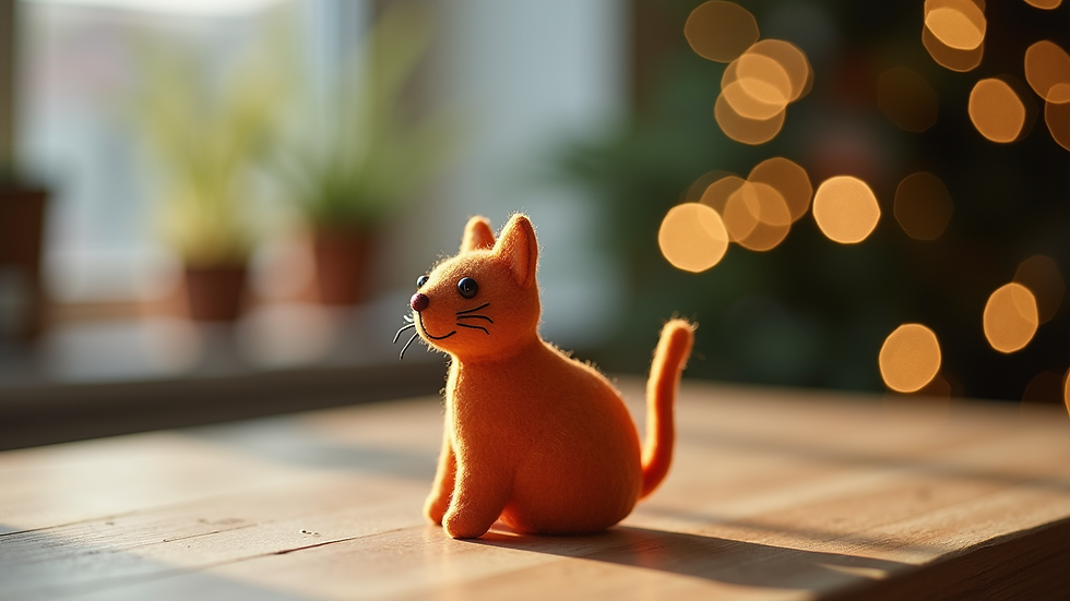 close-up view of a handmade cat-shaped felt ornament on a wooden table