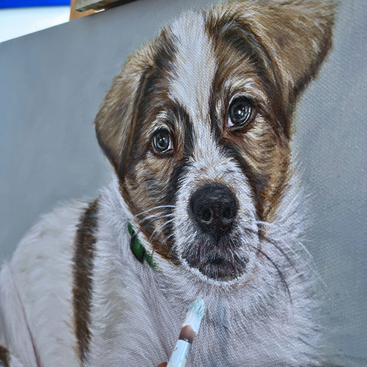 Close-up painting of a puppy looking at the viewer, custom pet portraits.