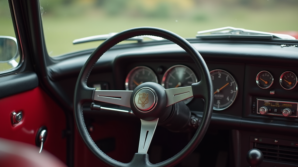 Close-up view of the dashboard and steering wheel of a vintage Alpine car