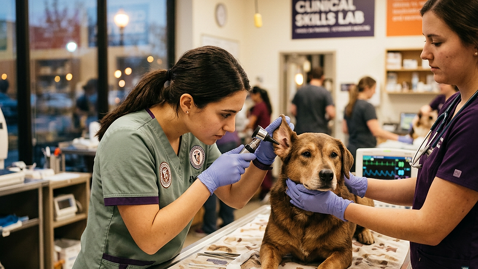 Close-up view of veterinary students practicing clinical skills on a dog model