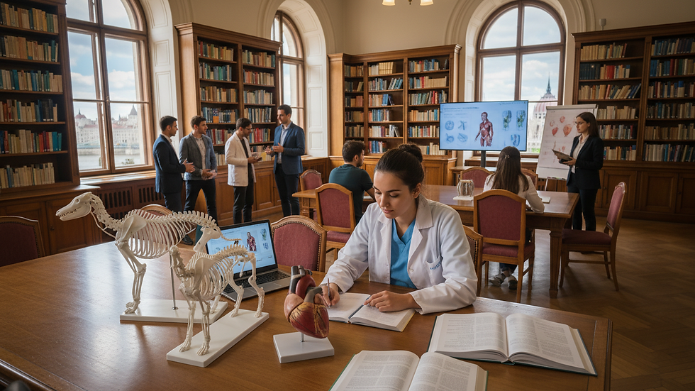 High angle view of a veterinary student studying anatomy models