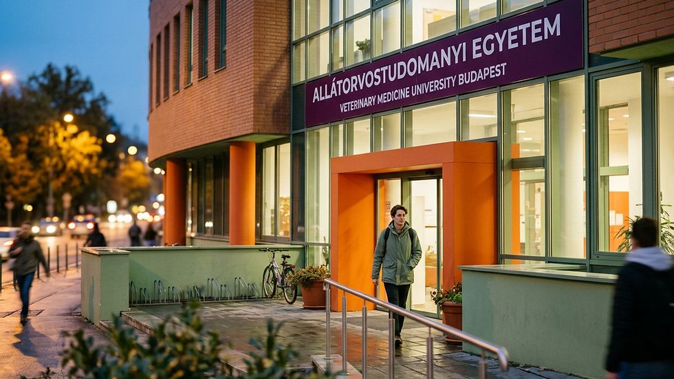 Eye-level view of a modern veterinary university building in Hungary