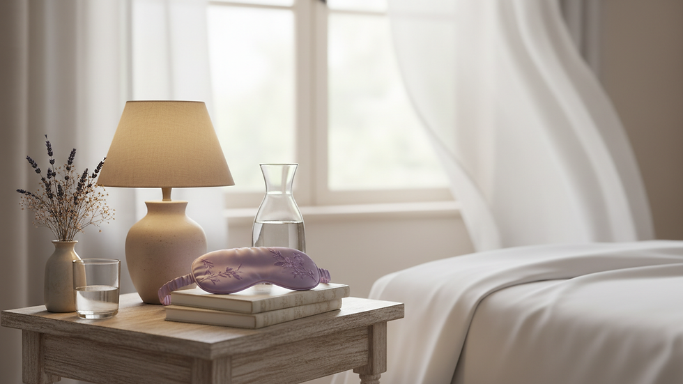 Close-up of a bedside table with a dim lamp and a sleep mask